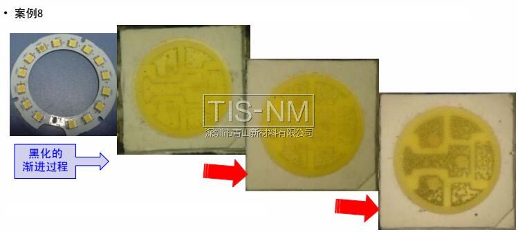 某客戶采用5050白光2#用于照明燈具，經(jīng)貼板回流焊接放置一段時(shí)間后出現(xiàn)支架黑化